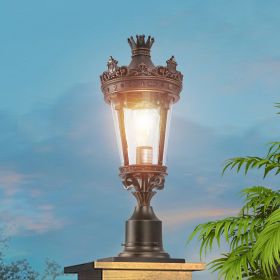 22"(H) Vintage Crown Outdoor Post Lantern, Waterproof Decorative Table Lamp with Clear Glass Shade and Antique Metal Base for Garden, Patio, Porc