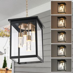 LED 5CCT Large Outdoor Pendant Light Fixtures, Exterior Hanging Lantern LED Integrated Bulbs Included for Porch Patio Yard Garden (Color: Black & Brushed Brass)